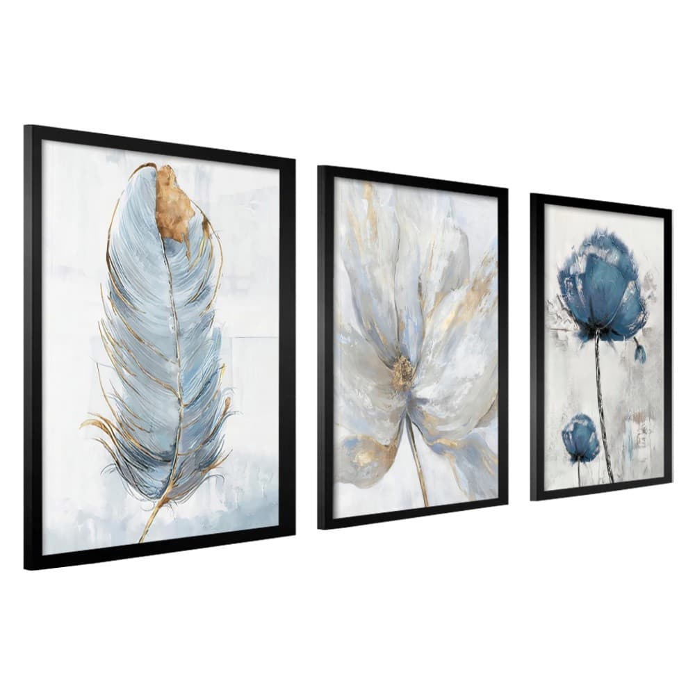 Kit 3 Quadros Decorativos Para Sala Flor 40X60 Com Moldura