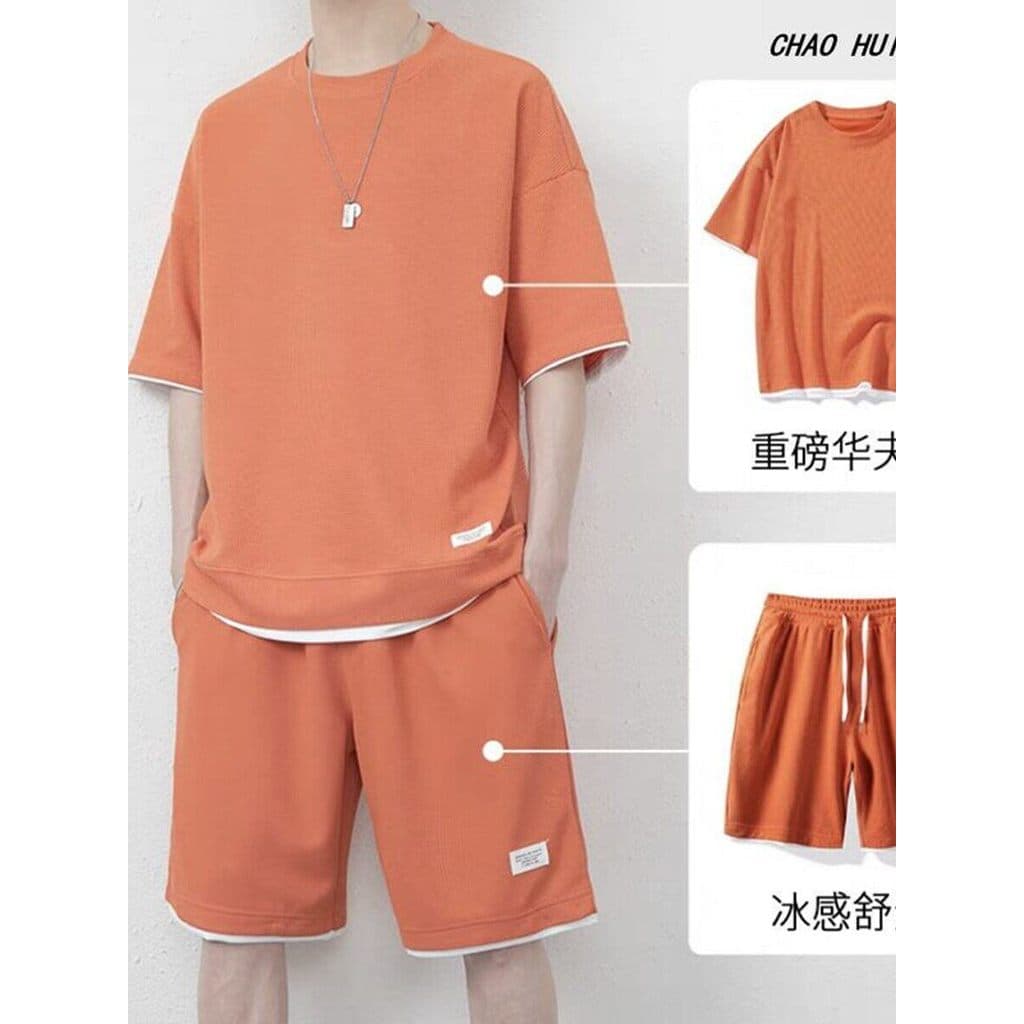 Waffle Shorts terno masculino verão gelo seda de manga curta roupas masculinas um conjunto combinando bonito Street Wear