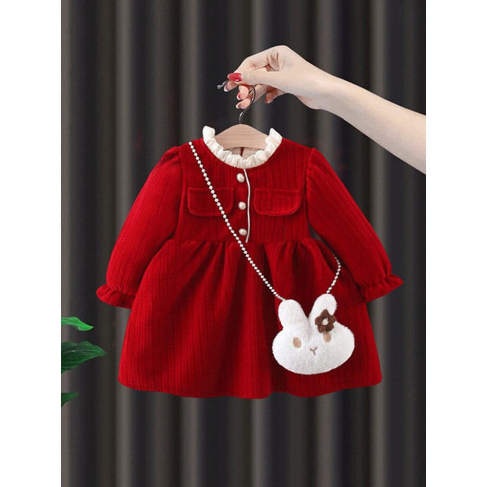Meninas vestido vermelho forro de lã ano novo festivo ano novo crianças roupas de um ano de idade vestido de ano novo ro