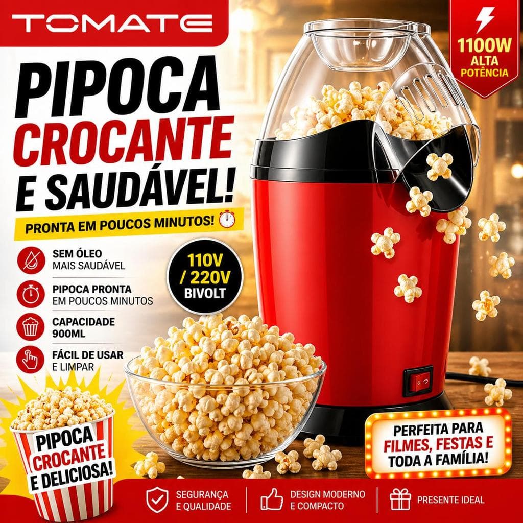 Máquina de Pipoca Elétrica 110V 220V 1100W Pipoqueira Sem Óleo Portátil Rápida 900ml Doméstica
