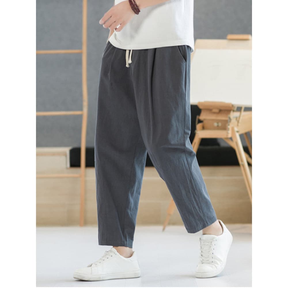 Calças de linho masculinas primavera outono calças casuais retas estilo chinês solto tornozelo-perna calças masculinas p