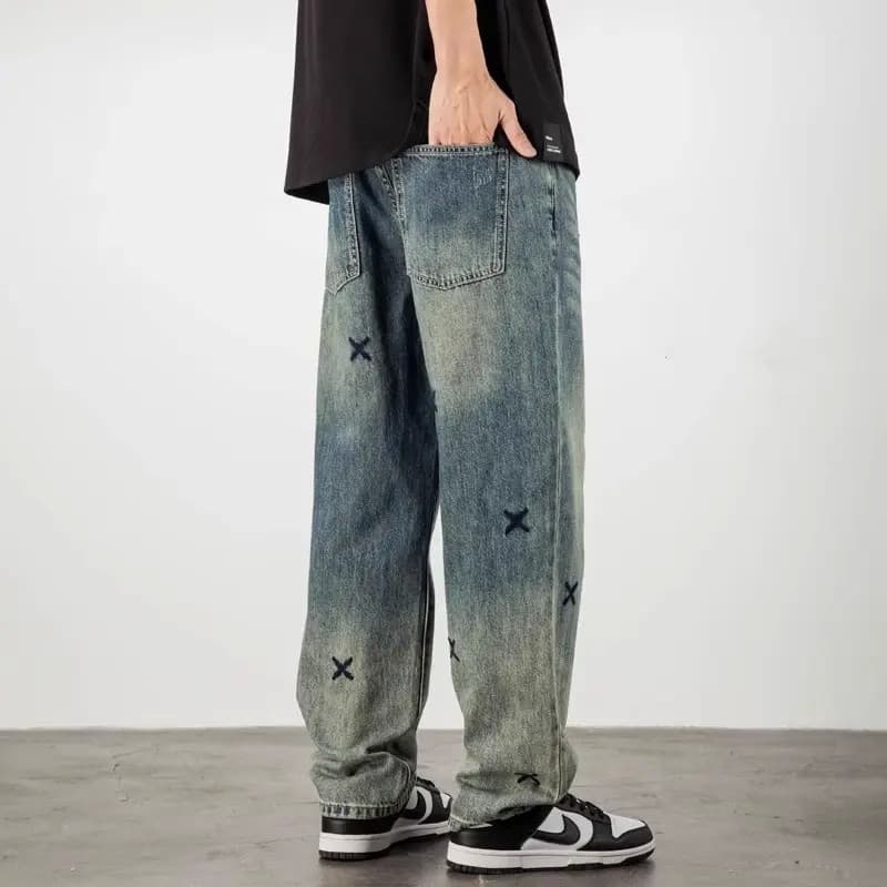 Americano High street bordado Jeans masculino primavera outono novo estilo masculino solto calças masculinas street Wear