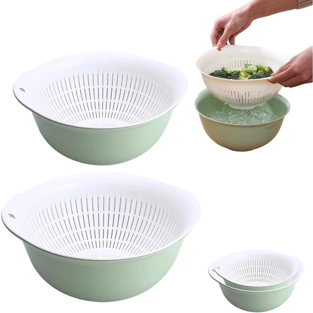 Conjunto de 2 Escorredores, Cesto Plástico de Grande Capacidade para Lavar e Escorrer Massas, Vegetais e Frutas, Economi
