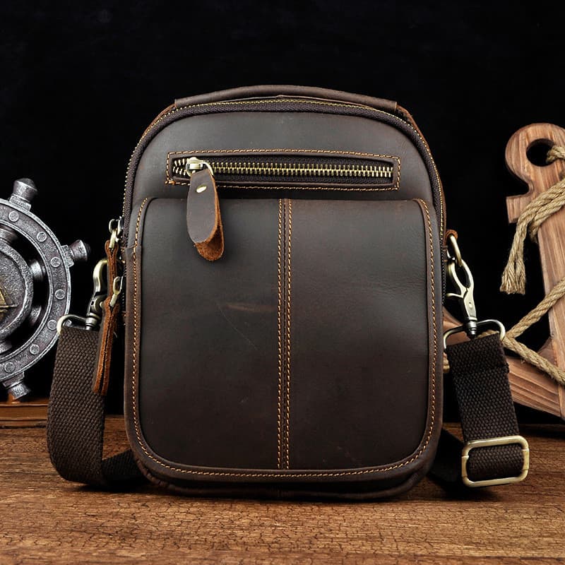 Retro Crazy Horse Couro Genuíno Bolsa de Cintura Masculina 27cm Multi-Compartimento Portátil Bolsa Diagonal de Um Ombro