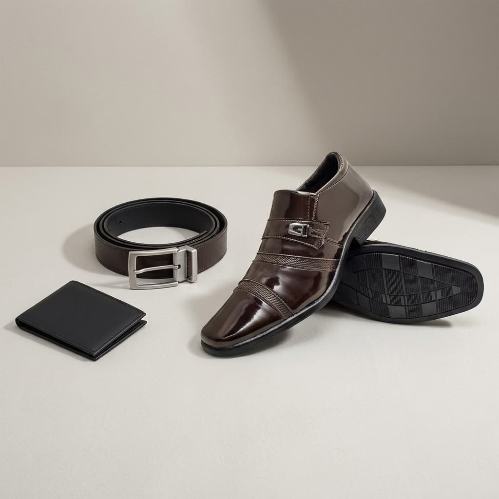 Kit Sapato Social Masculino Verniz Café Fivela Cinto Carteira Giolo
