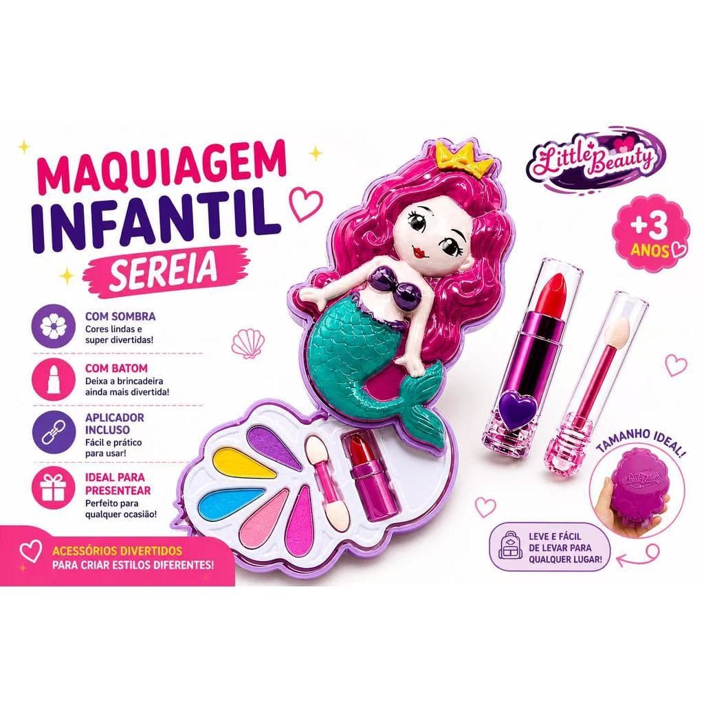 Maquiagem Infantil Sereia Com Sombra e Batom Brinquedo Menina Presente