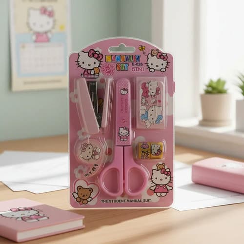 Kit Material Hello Kitty 5 Itens Escolar Volta As Aulas Tesoura grampeador