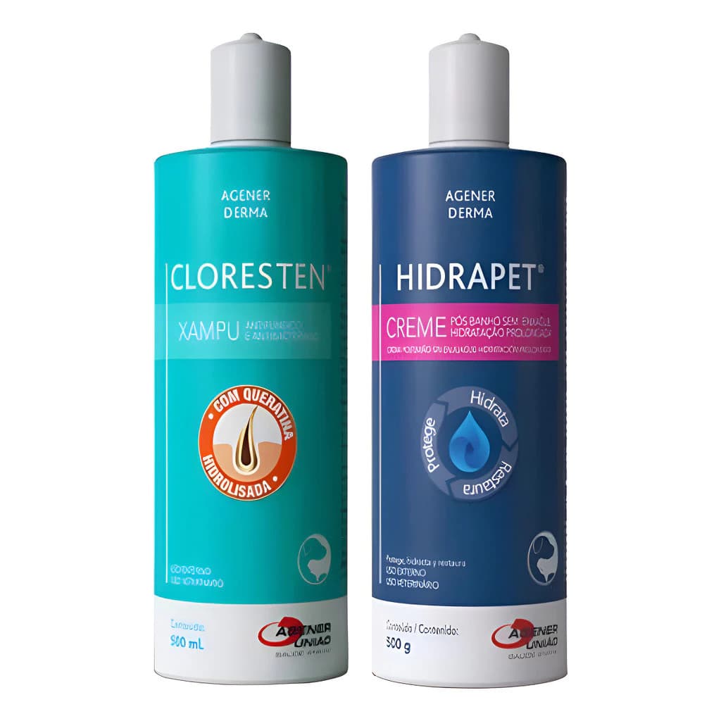 Kit Xampu Cloresten 500ml + Hidrapet Creme 500g 100%ORIGINAL Shampoo Agener para Cães E Gatos