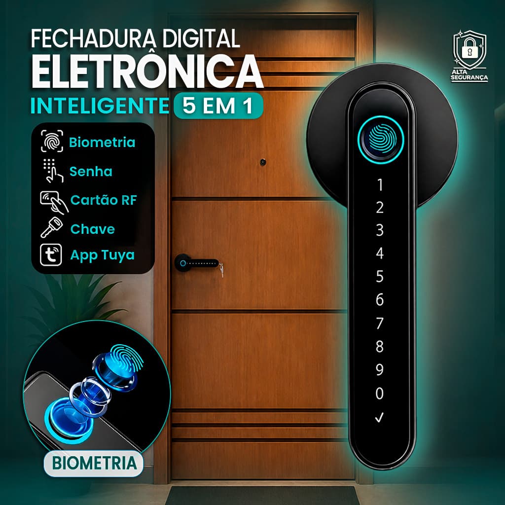 Fechadura Digital Biometria Senha Cartão Rf Chave E App Tuya Controle pelo Celular Inteligente