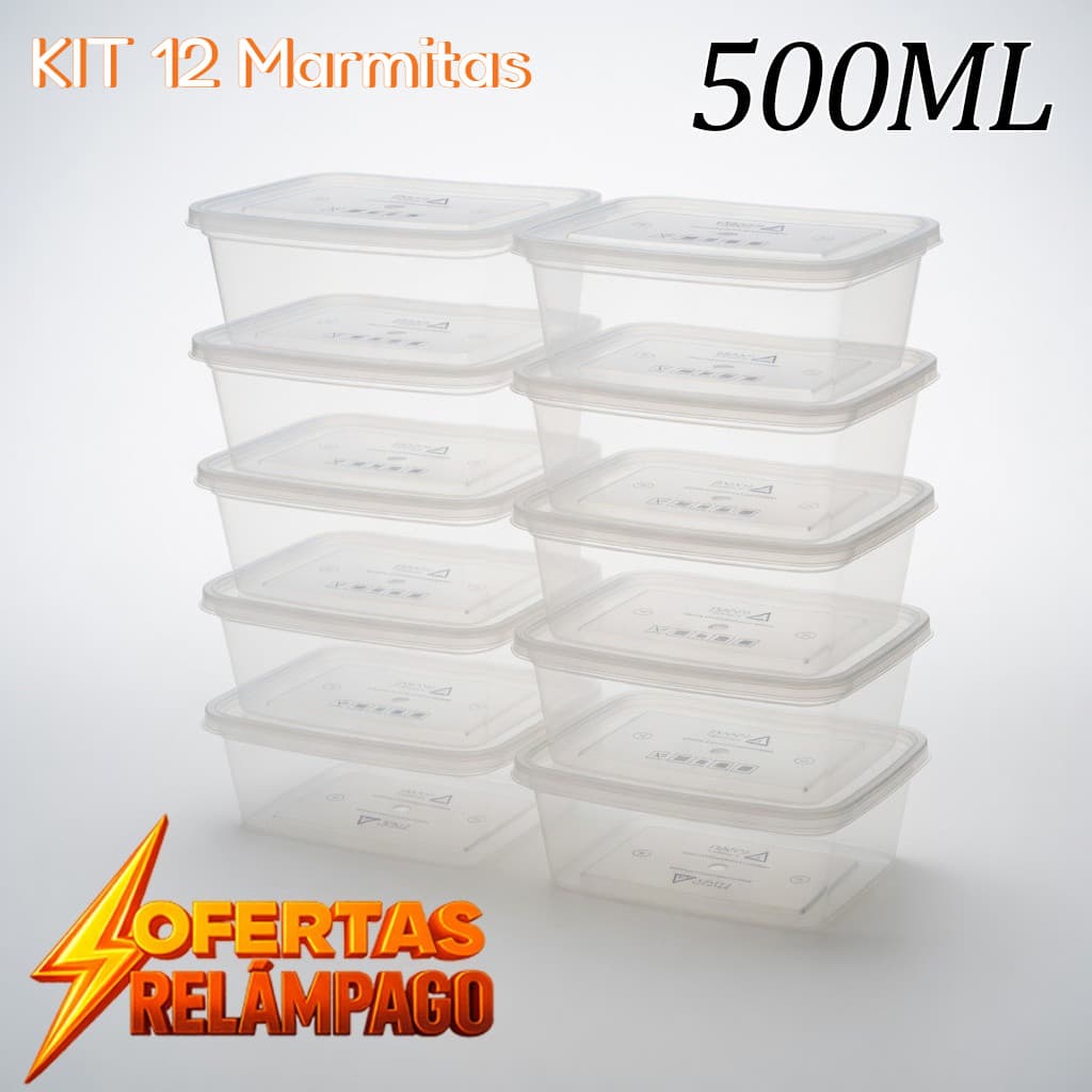 Kit 12 Potes 500ml Reforçado Transparentes Resistente  BPA Free Organizador de Alimentos Marmita