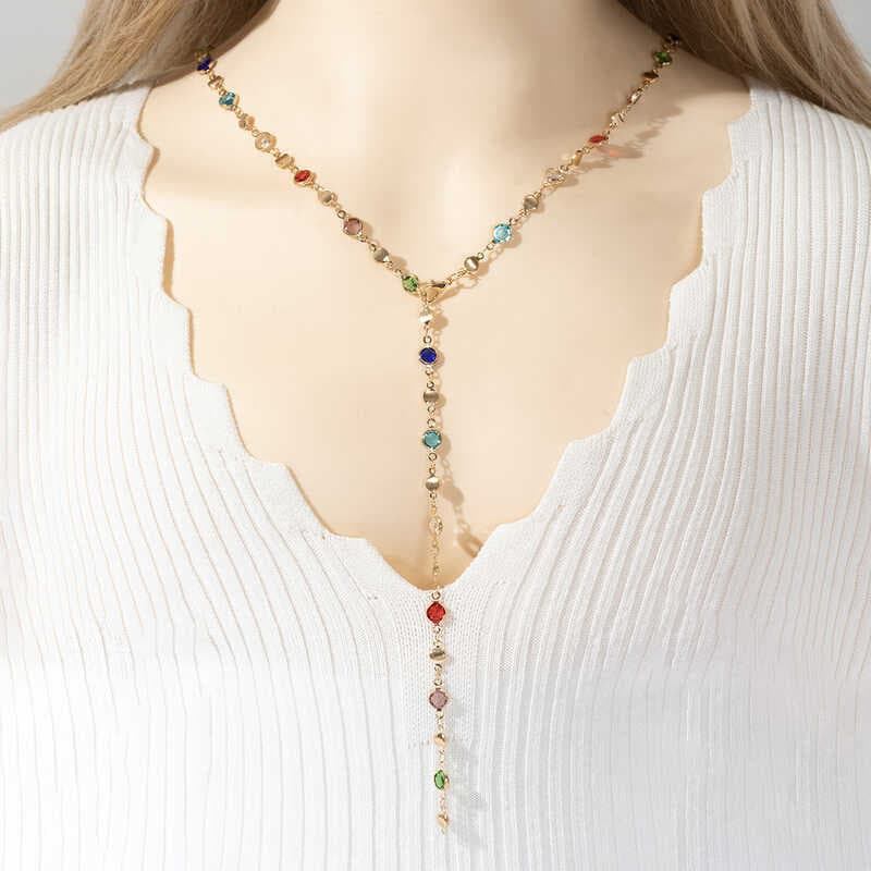 Jóias moda colorido redondo vidro longo colar Y-chain corpo corrente colar feminino