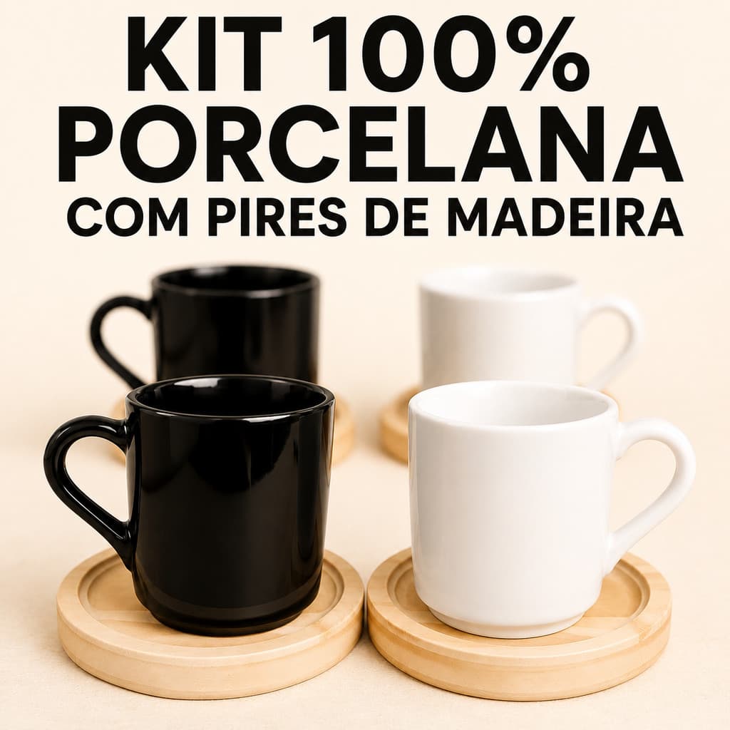 Jogo xícara cafezinho porcelana pura 4un com pires madeira linha premium 60ml servir alça delicada