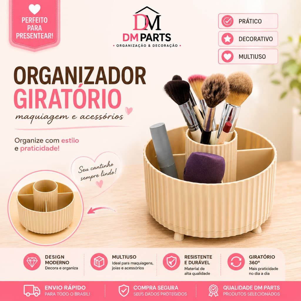 Organizador Giratório 360° Maquiagem Porta Pincel Skincare Joias Multiuso Decorativo