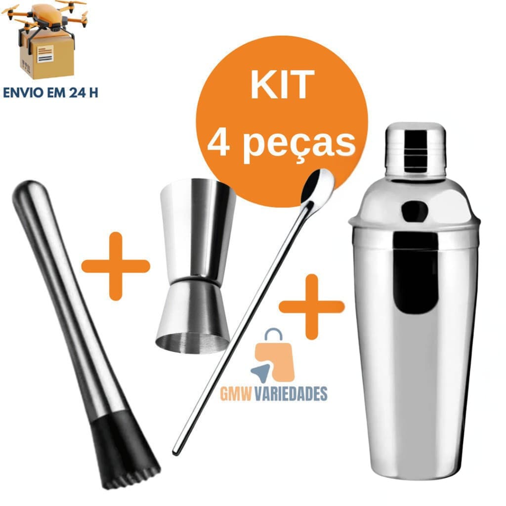 Kit Caipirinha 4 Peças Coqueteleira Inox Socador Dosador Duplo e Colher de suco  para Bares Restaurantes