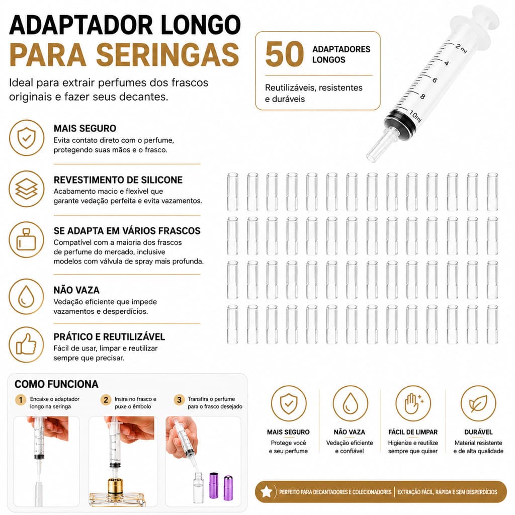 Adaptador longo transferidor de perfumes para seringas apenas adaptador - 50 unidades