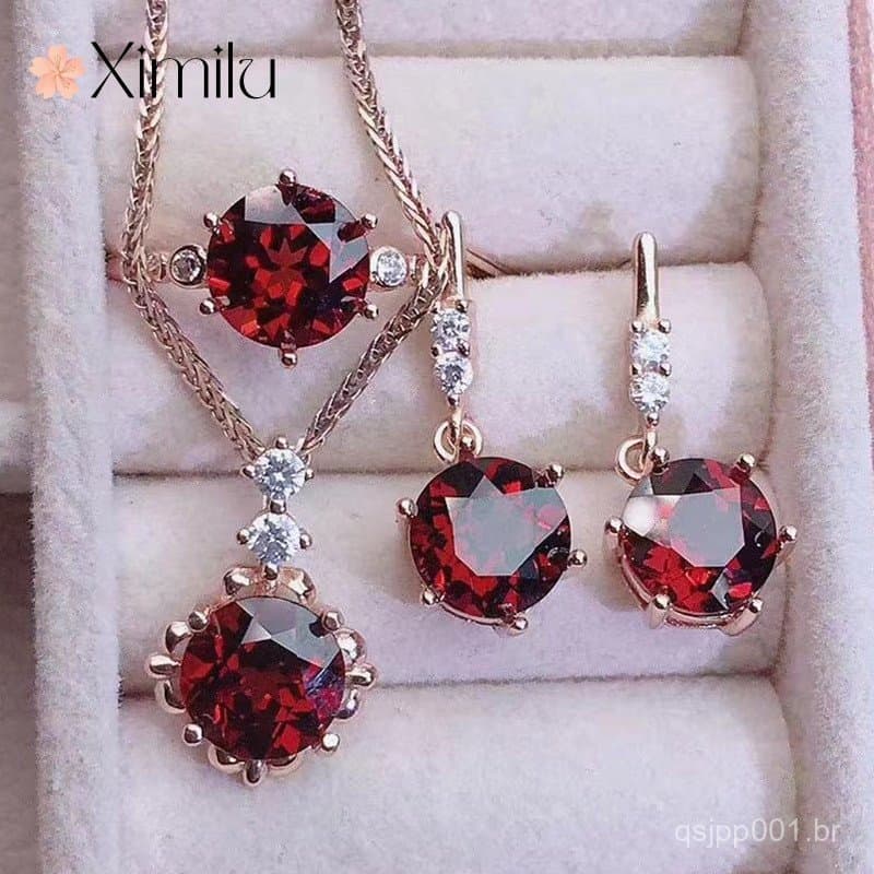 ❤ Original elegante novo produto conjunto de joias de cristal vermelho simples anel de ouro rosa brincos de menina para