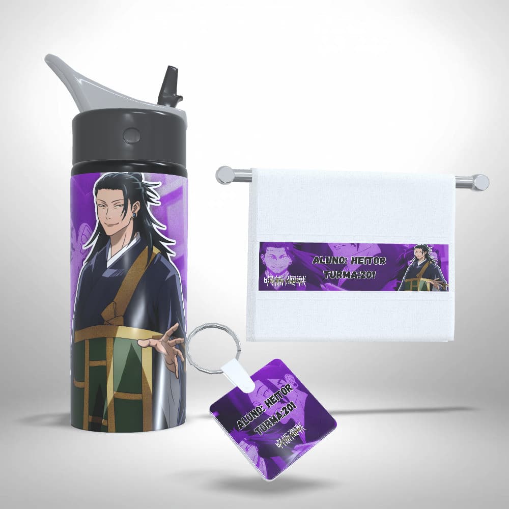 Kit Escolar Squeeze, Toalhinha e Chaveiro Personalizados Jujutsu Kaisen Suguro Geto