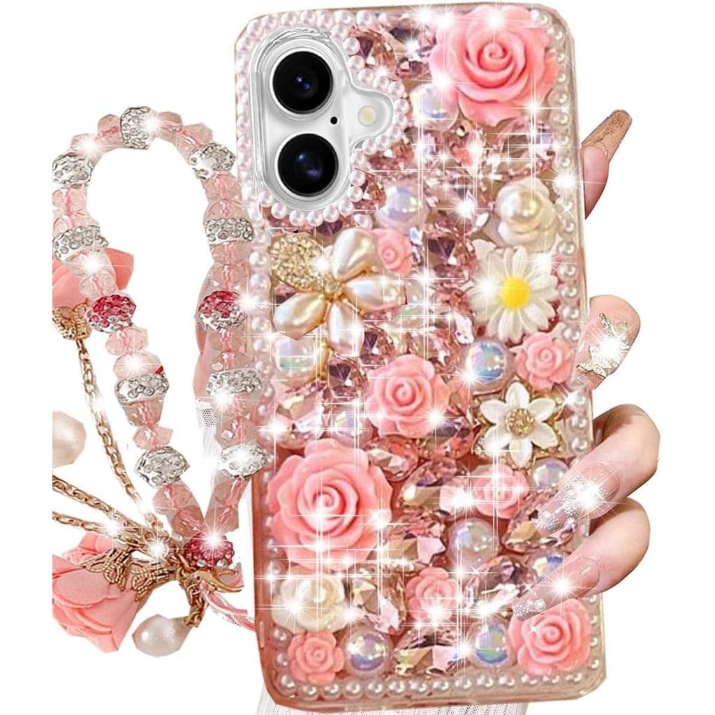 Capa Brilhante com Glitter para iPhone 16, Linda Capa Luxuosa 3D com Cristais Brilhantes, Flores, Pedras Preciosas, Diam