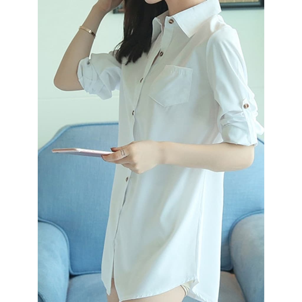 Nova camisa branca feminina 2026 primavera comprimento médio moda cintura estreita topo solto de manga comprida All-Matc