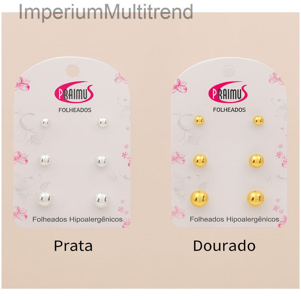 (V)Trio de Brincos Esferas – Folheados Hipoalergênicos (Prata e Dourado)T4N0