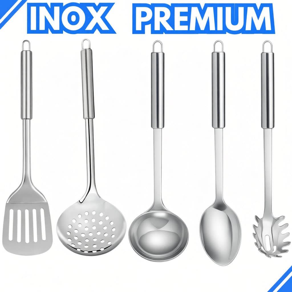 Kit 5 Utensílios de Cozinha em Aço Inox Polido – Concha, Colher, Escumadeira, Espátula Vazada e Pegador de Massa