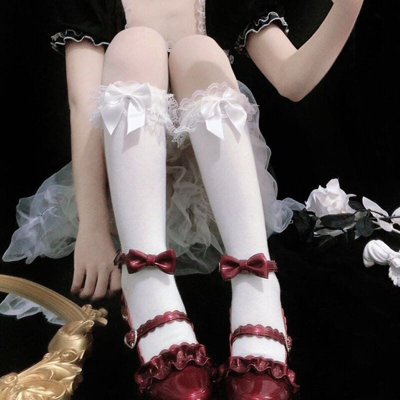 Meias De Renda Feminina Nó De Laço Lolita Femininas Longas Irmã Macia Jk Uniforme Joelho Estudante Fofo Finas