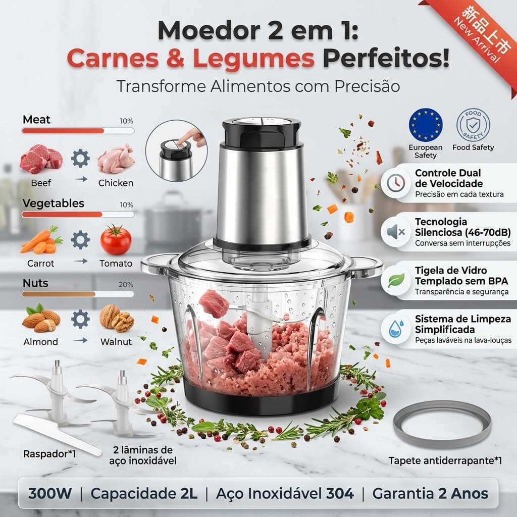 Moedor de Carne e Processador Elétrico 2 Litros: Triturador com Lâminas de Inox para Carnes, Alho, Temperos e Papinhas