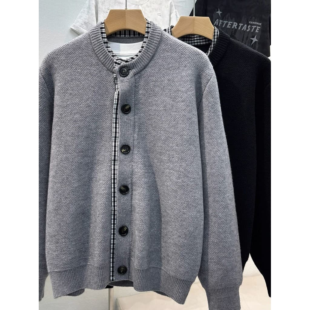 Estilo britânico falso de duas peças de malha Cardigan masculino em torno do pescoço botão camisola jaqueta Casual Stree