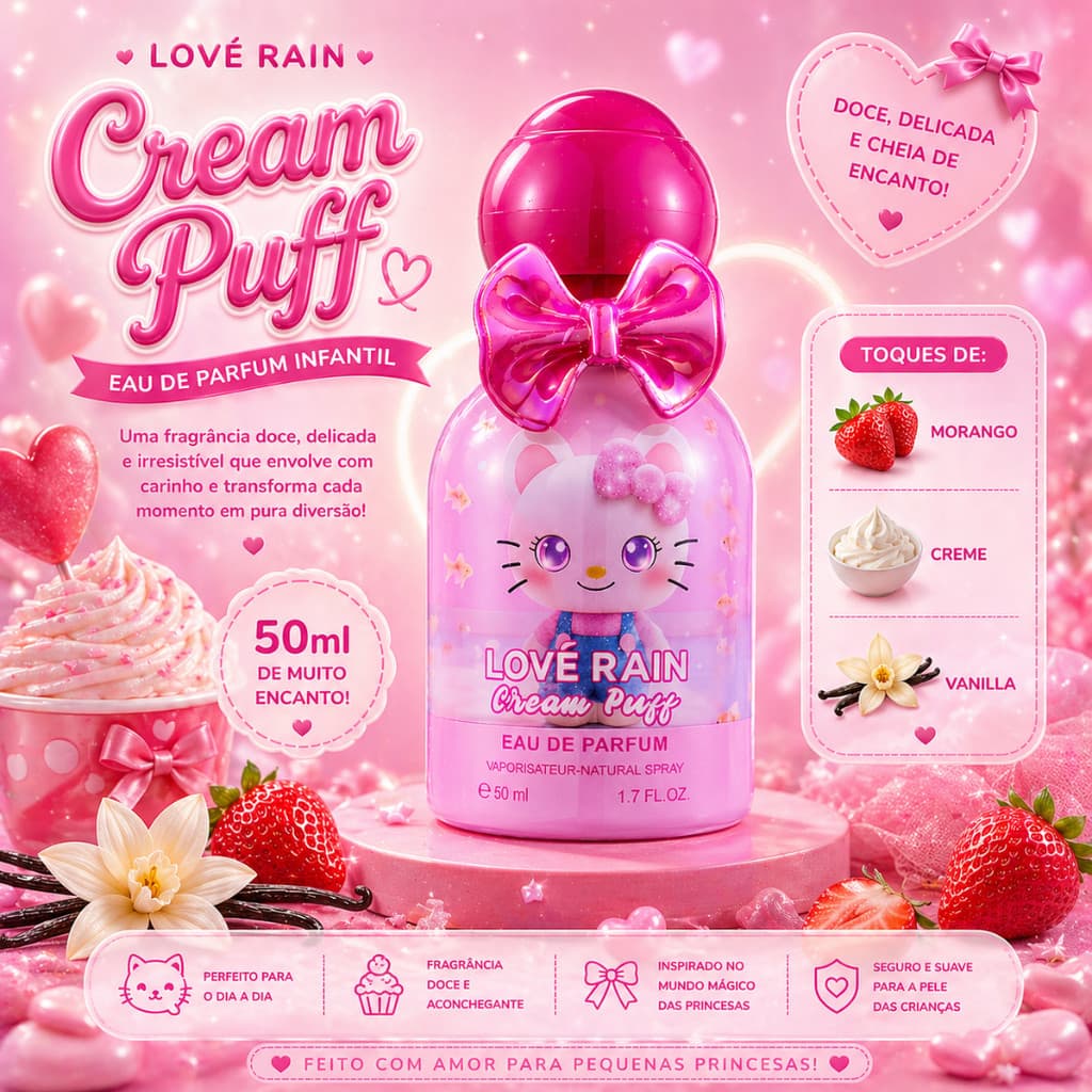 Perfume Infantil Importado Feminino Doce Morango Baunilha Fragrância Delicada Longa Duração 30ml Cream Puff  Lové Rain