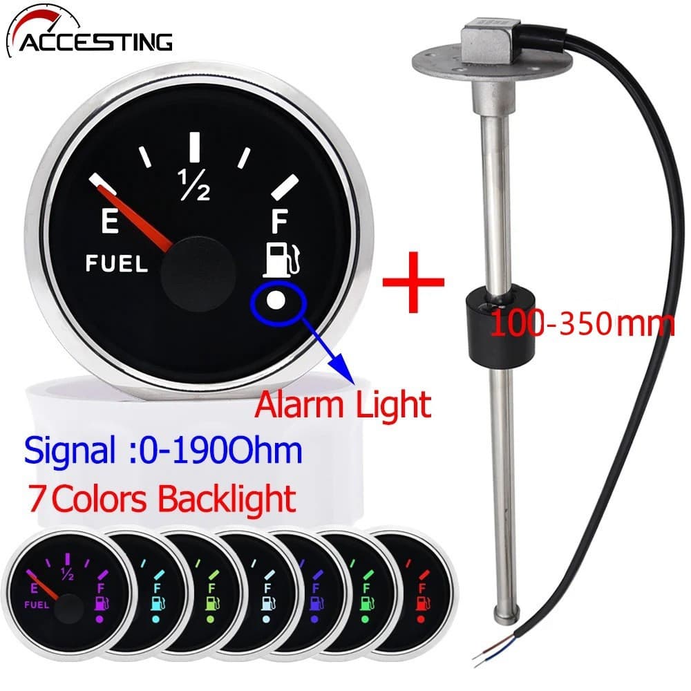 Medidor de Nível de Combustível de 7 Cores 100-450mm 52mm + Sensor de Boia 0-190 Ohm para Carro, Barco, RV H63J