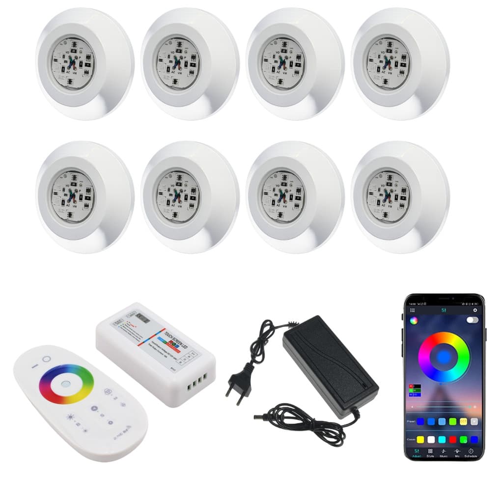 Kit 8 Conjunto LED RGB Piscina 9W 12V IP68 com Fonte e Comando Incluso