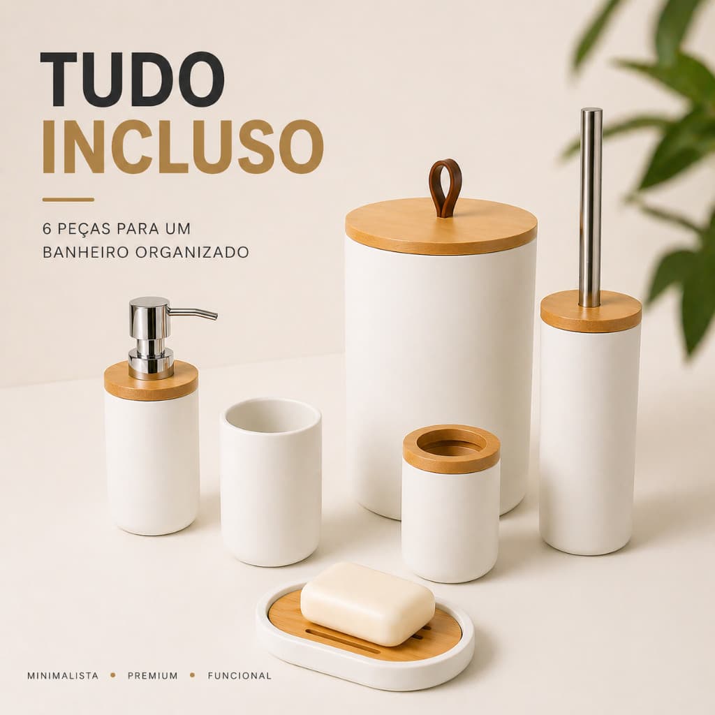 Kit Banheiro Completo 6 Peças Luxo Bambu Lixeira Porta Escova Dispenser Lavabo Moderno