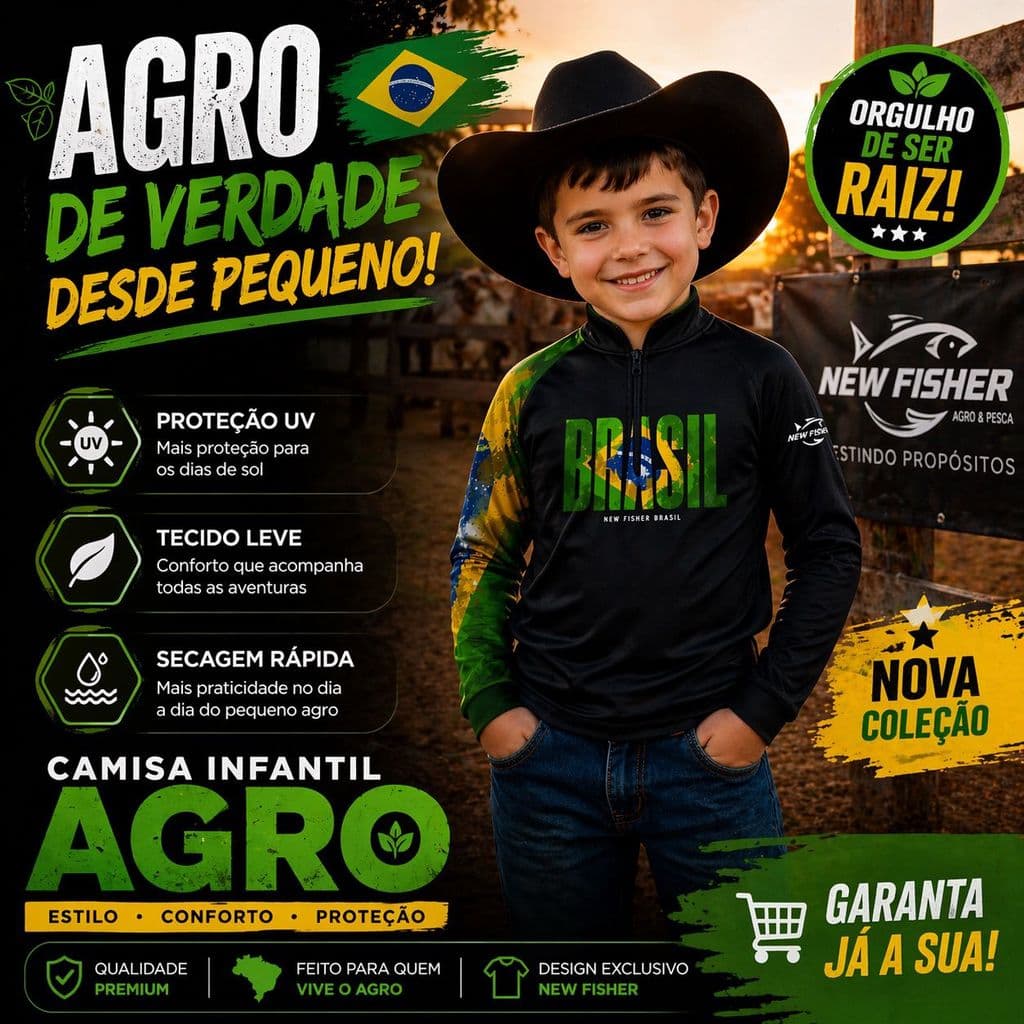 Camisa Camiseta de Pesca Infantil Gola Zíper Proteção Solar UV New Fisher NF53i