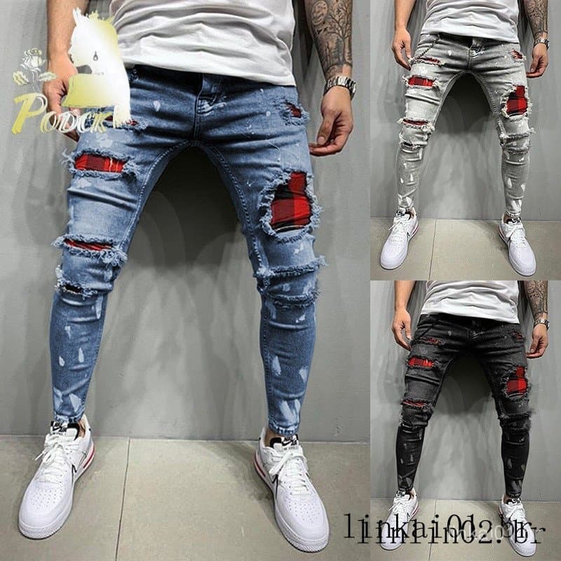 Calça Jeans Skinny Masculina Rasgada Estilo Rua Retrô Moda Lavada Cor Sólida Casual Slim Fit