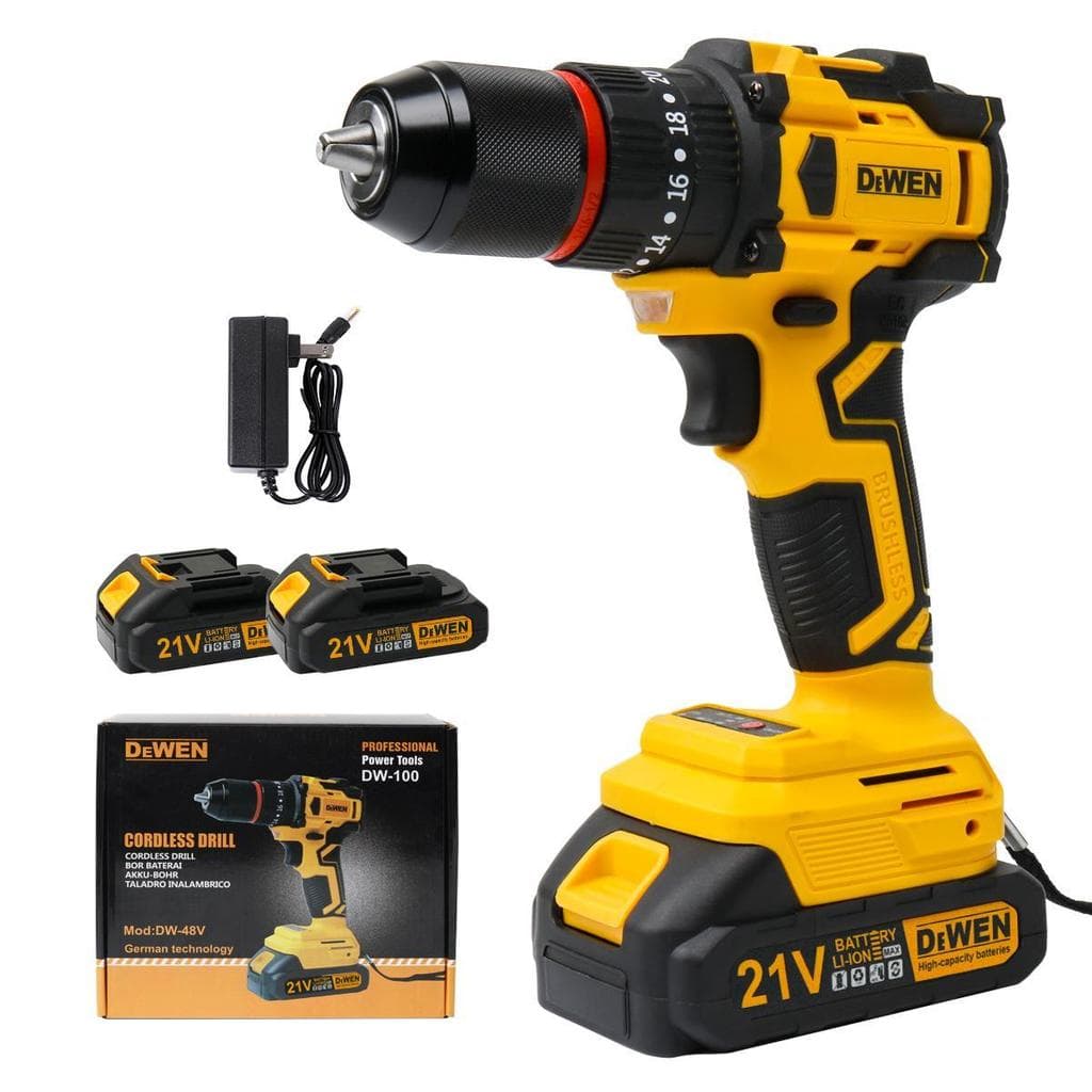 Kit de Chave de Fenda com Radiofonia DEWEN 21V, Com Berbequim de 3/8" e 2 Pilhas 2.0Ah com Carregador
