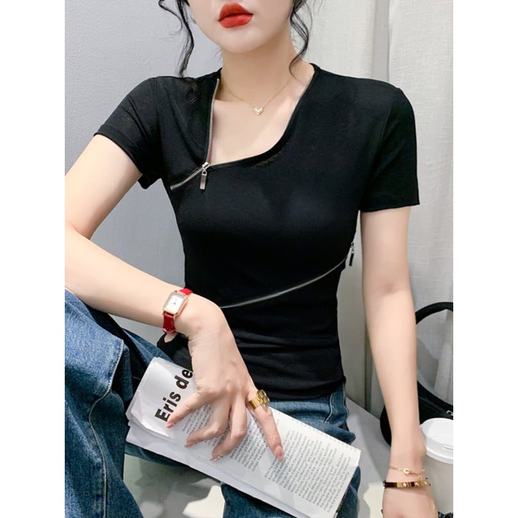 Produtos europeus verão novo estilo zíper gola Diagonal camiseta de manga curta feminino Design sentido fino ajuste elás