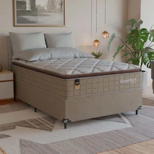 Cama Box Viúva + Colchão Comfort Class Pillow Top  128x188 Bege/suede Bege