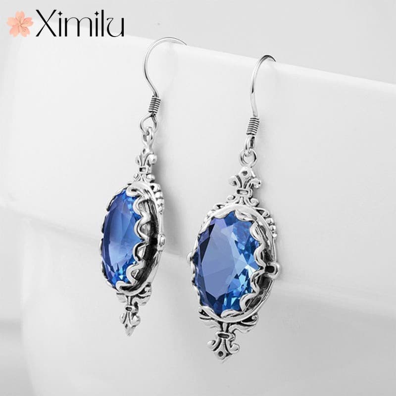 ⭐ Venda quente Original novo estilo Aquamarine brincos incrustados topázio Retro Thai prata feminino 925 brincos de prat