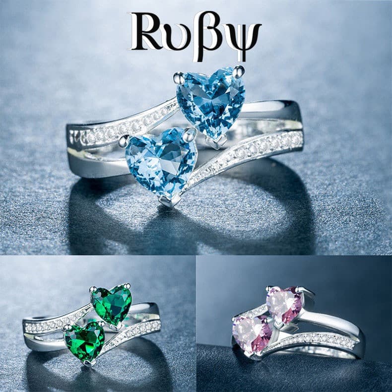 Ruby* anel feminino zircão anel duplo em forma de coração branco banhado a ouro anel de cobre joias