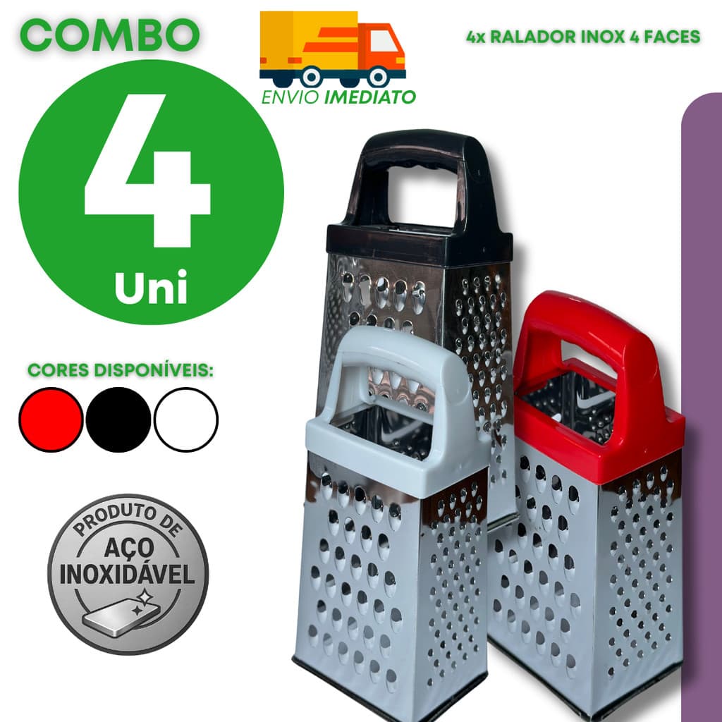 Kit de Raladores 4 Faces em Aço Inox Multiuso para Queijo Legume e Fruta na Cozinha do Dia a Dia