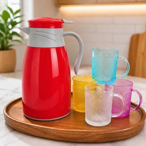 Garrafa Térmica 190ml com 4 Canecas de Vidro Kit Café Completo ThermaLuxe Set™ Vermelha Mantém Quente e Frio