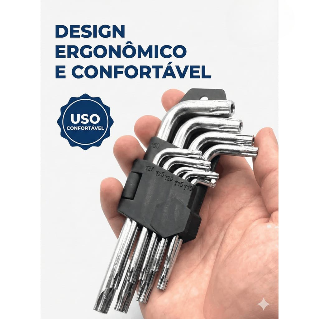 Jogo Chave Torque Kit com 9 Peças Torx Curta T10 até T50