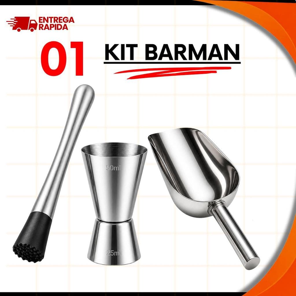 Kit Drink Barman Inox Caipirinha Barman Barmen 3 Peças Profissional Socador Pa Gelo Copo Dosador