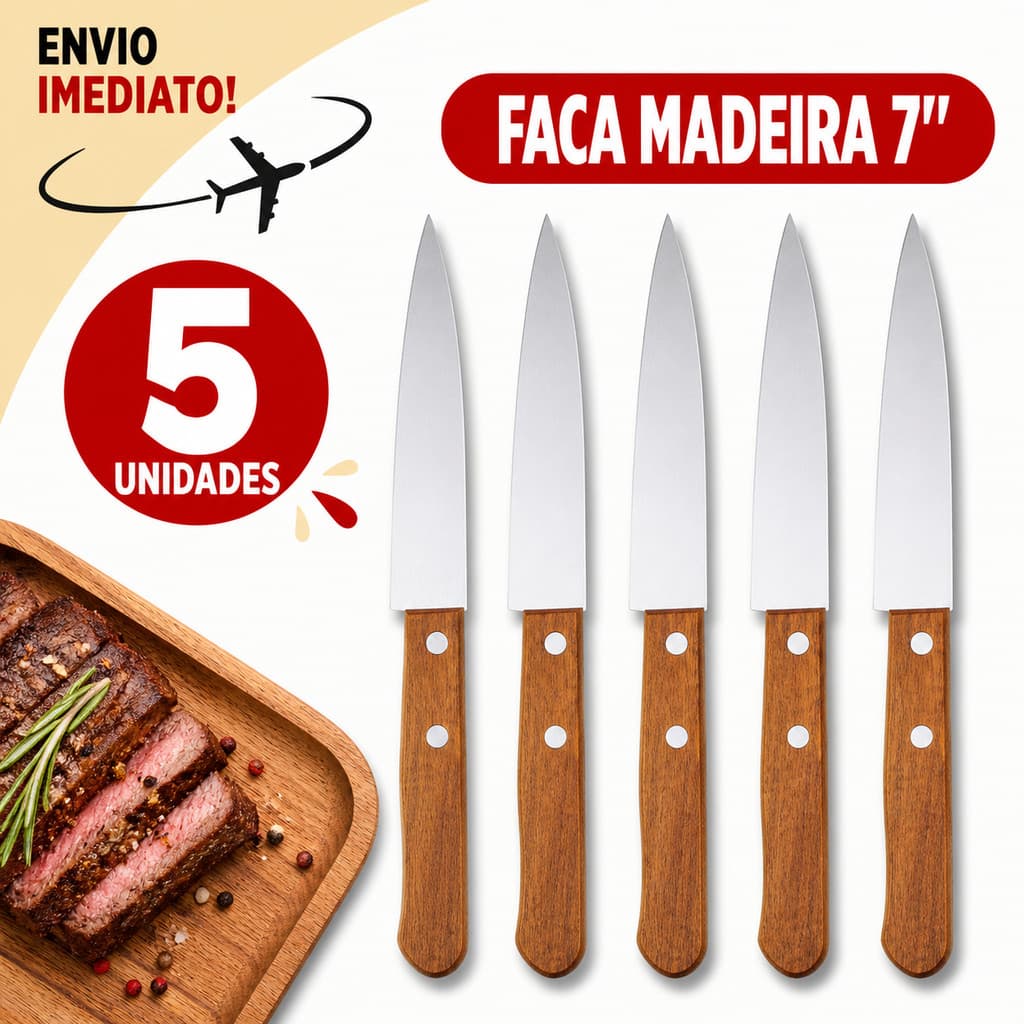 Faca Cozinha 7" Polegadas Inox Cabo Madeira Corte Carne Churrasco (5,3,2 und) * Envio Imediato *