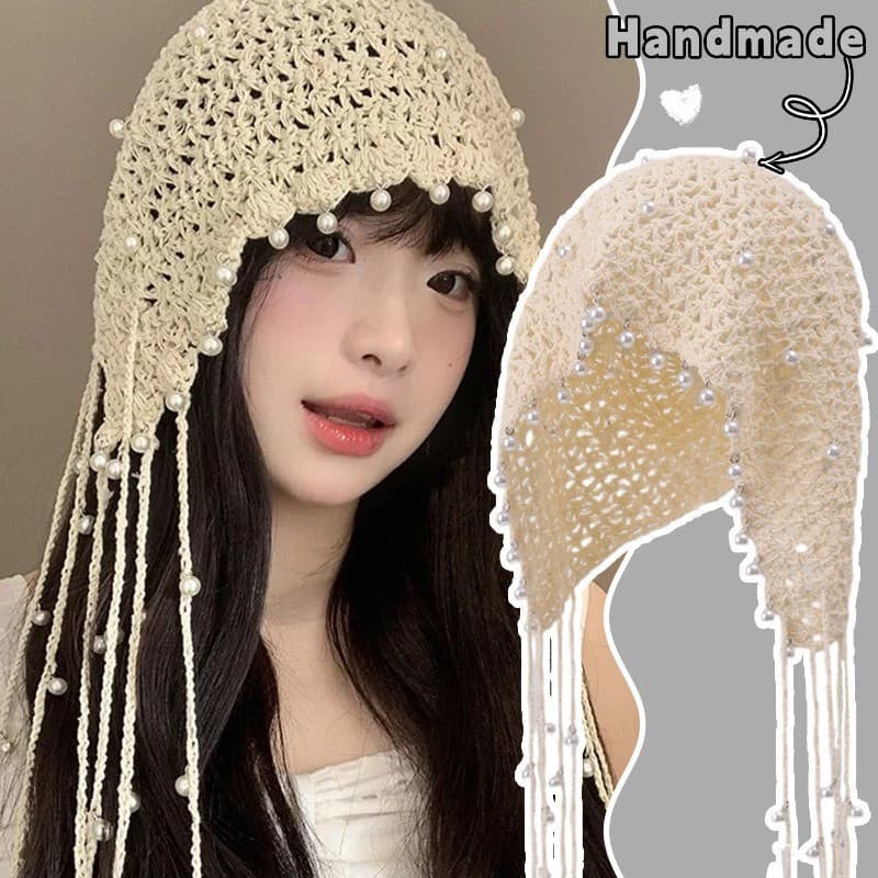 Doce Francês Imitação De Pérola Borla Oco Malha Crochê Chapéu Feminino Meninas Estilo Boêmio Verão Praia Férias Gorros