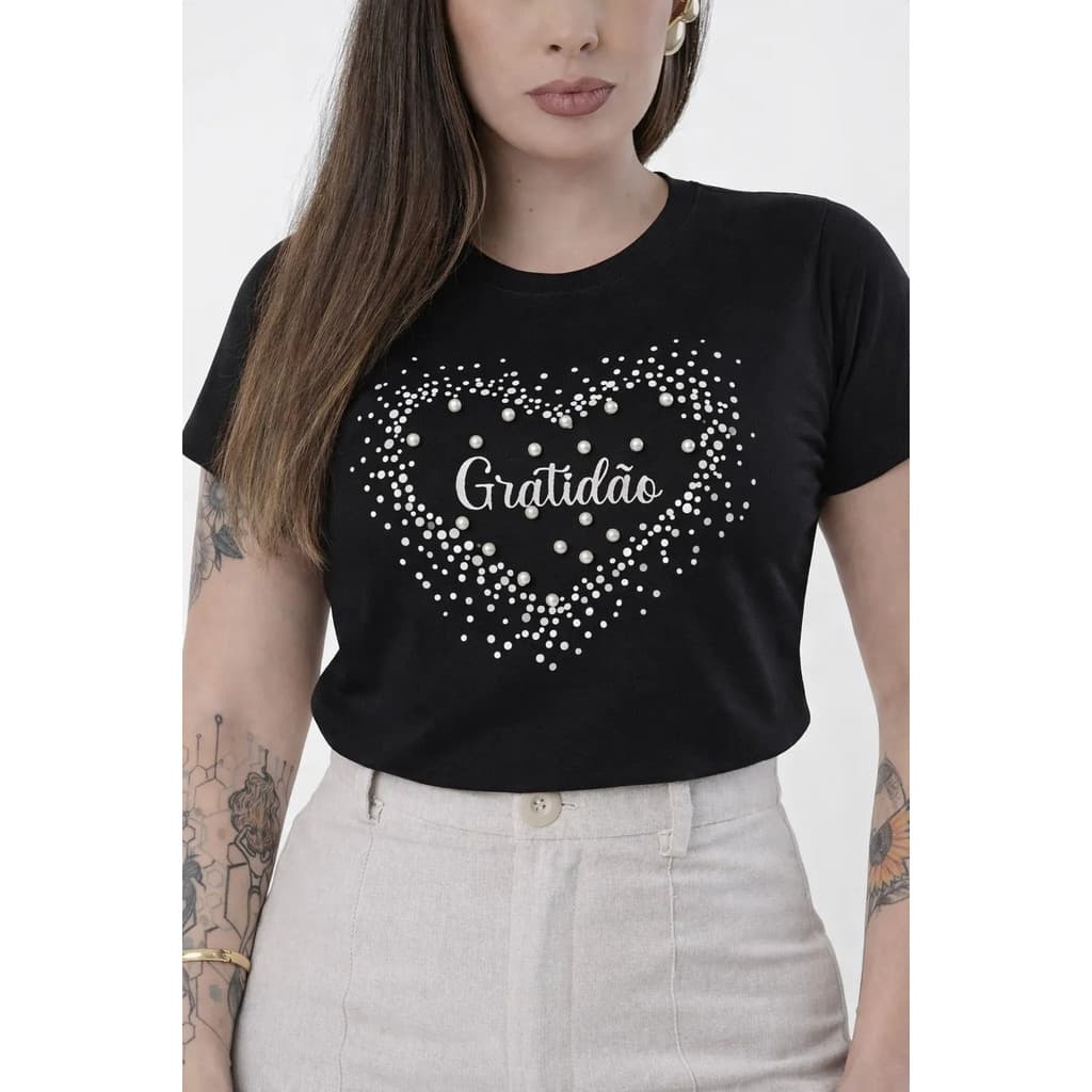 BLUSA FEMININA 100% ALGODÃO GRATIDÃO CORAÇÃO COM PÉROLAS T-SHIRT CAMISA CASUAL CONFORTÁVEL LEVE