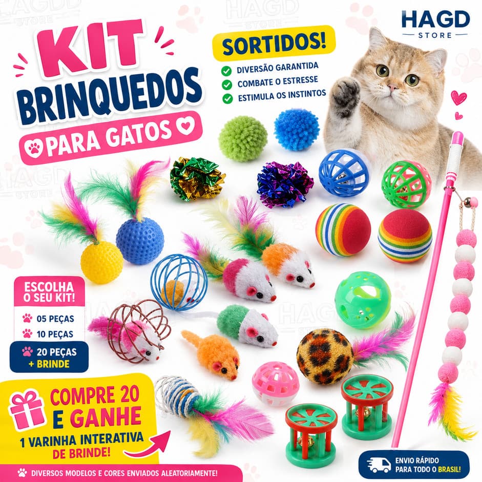 Kit Brinquedos para Gatos Sortidos Ratinho Bolinha Pena - 5, 10 ou 20 pçs -Compre 20 e GANHE VARINHA