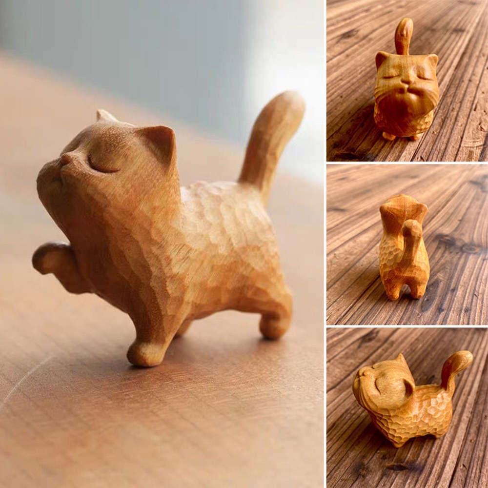1 Peça Pequenas Estatuetas De Gato Laranja De Madeira Esculpidas , Ornamento Feito À Mão , Mini Estátuas De Gatos Fofos