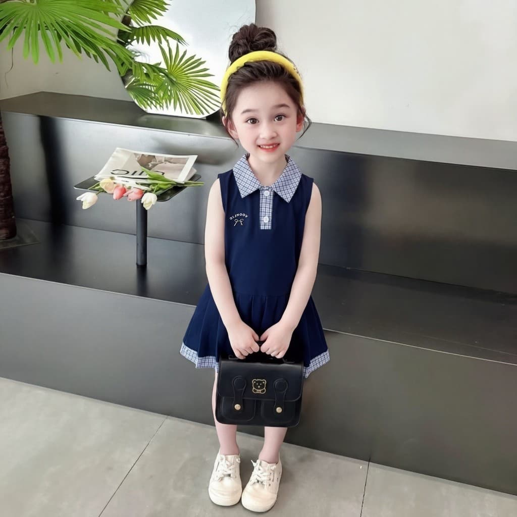 Vestido confortável de verão com gola polo para meninas de 1 a 10 anos