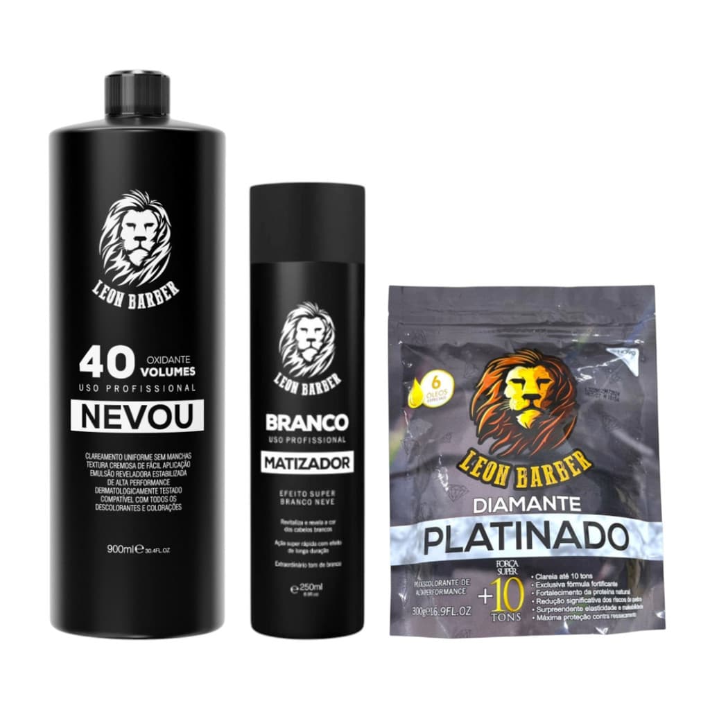 Kit Pó Descolorante Platinado + Matizador Branco 250ml + Água Oxigenada 40 Vol 900ml – Leon Barber